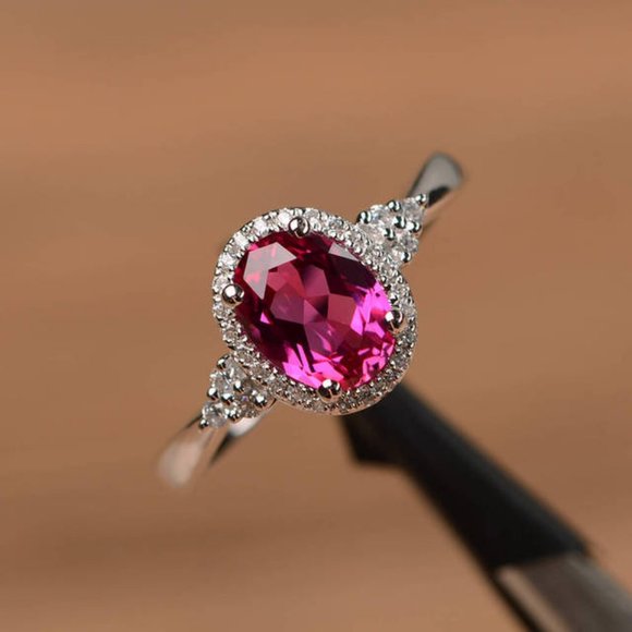 NEW Silver Ruby Diamond Halo Oval Cut Ring - Picture 3 of 4